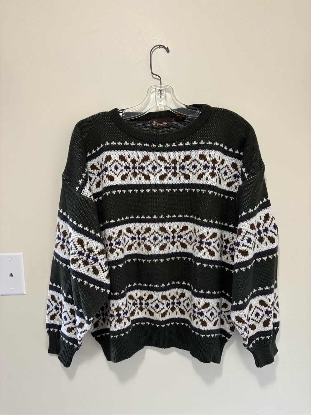 Vintage Bronzini Dark Green Fair Isle Pattern Crewneck Sweater